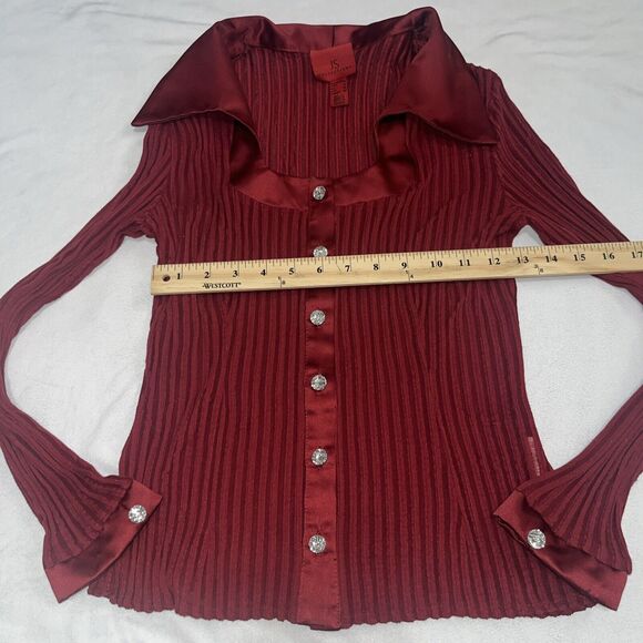 Vintage Designer JS Collections Ruby Red Vixen Blouse Sz 10 Crystal Buttons - Picture 9 of 12